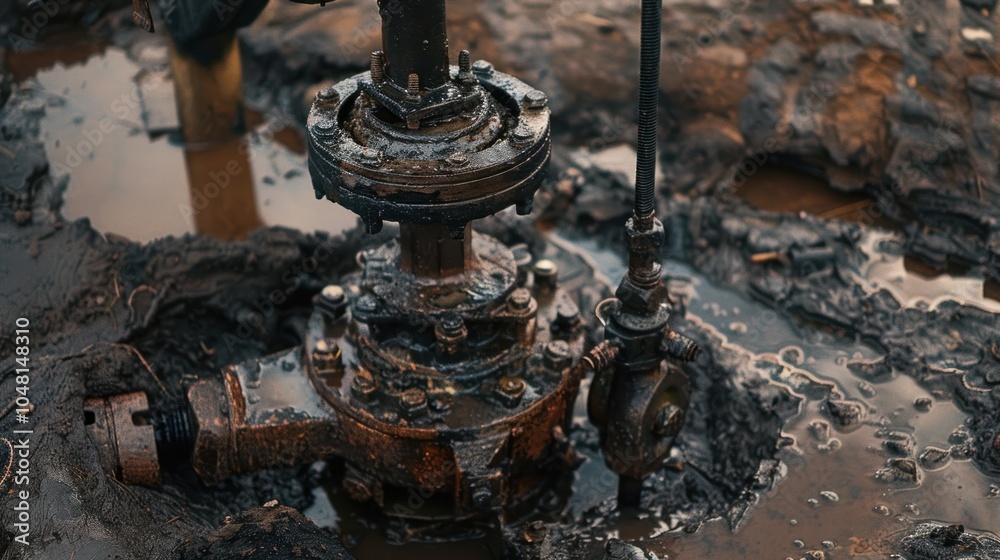 Rusty Oil Well Pump Close-Up In Puddle Rusty Oil Well Pump Close-Up In Puddle