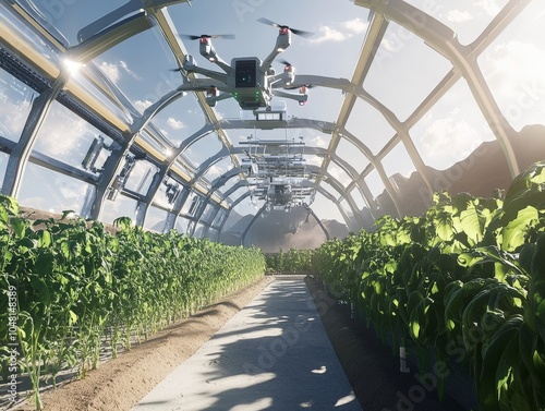 A futuristic biotech farm growing genetically modified crops designed to thrive in arid climates, with drones collecting data on plant health. photo