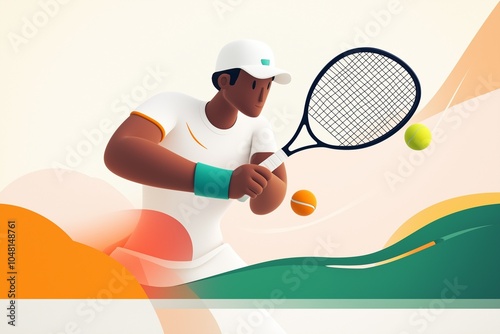 A cartoon tennis player prepares to serve on a brightly colored court during a lively sports event in the afternoon