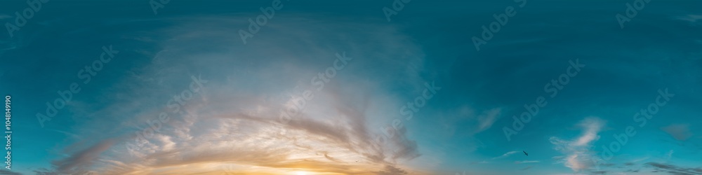 Obraz premium Seamless 360 HDR spherical panorama of sunset sky with vibrant pink Cirrus clouds. Full zenith or sky dome in 3D, sky replacement for aerial drone panoramas. Climate and weather change.