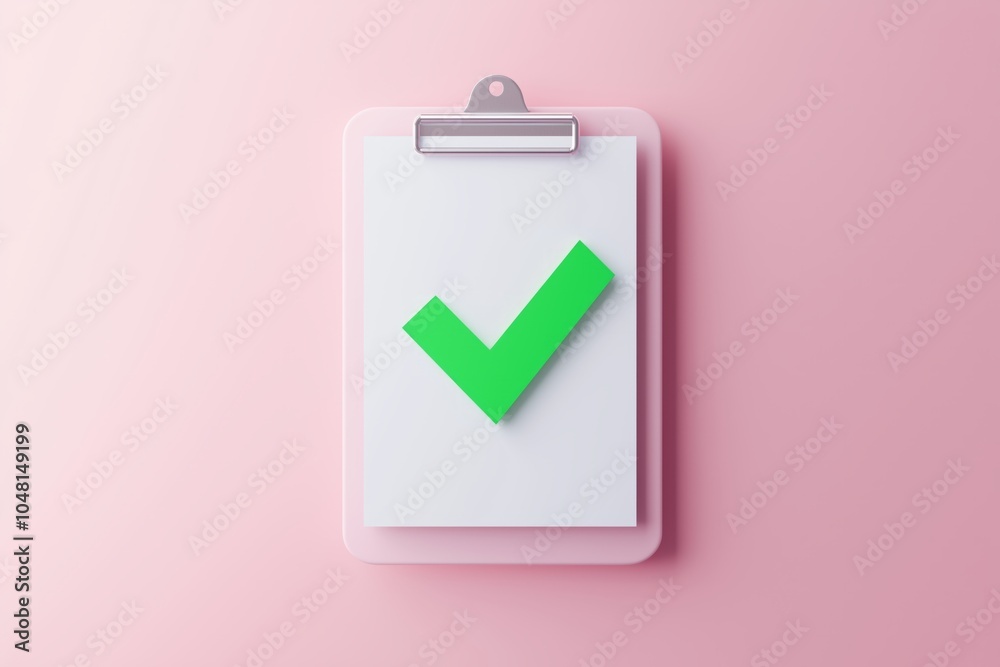 Top view of a green checkmark on a white clipboard, with a sleek pink background and metallic clip Top view of a green checkmark on a white clipboard, with a sleek pink background and metallic clip