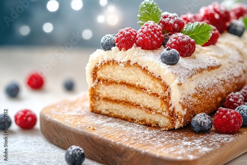 Fresh berry-topped roll cake on wooden board photo