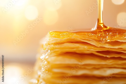 Golden syrup drizzling on layered sweet pastry photo