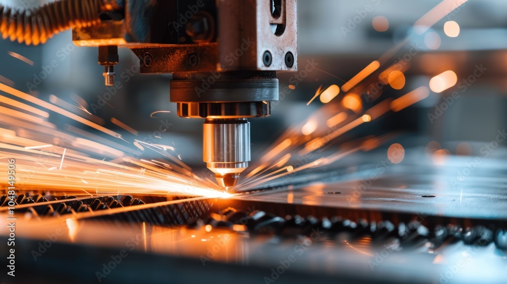 Fototapeta premium Close-up of an industrial laser cutter in operation, with sparks flying.
