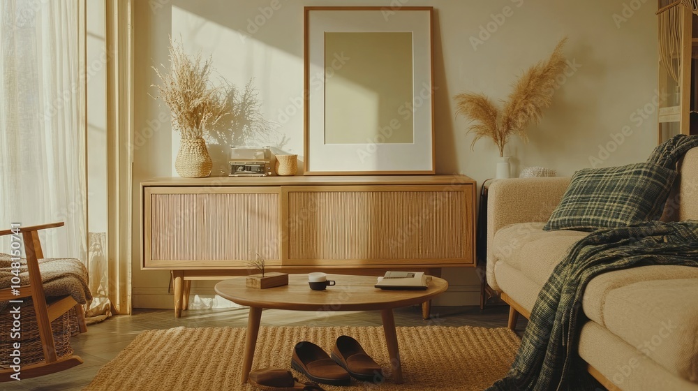 Cozy composition of living room interior with mock up poster frame, beige sofa, wooden coffee table, brown slippers, green plaid, stylish sideboard and personal accessories Cozy composition of living room interior with mock up poster frame, beige sofa, wooden coffee table, brown slippers, green plaid, stylish sideboard and personal accessories