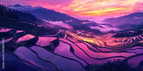 Purple sunset over rice terraces.