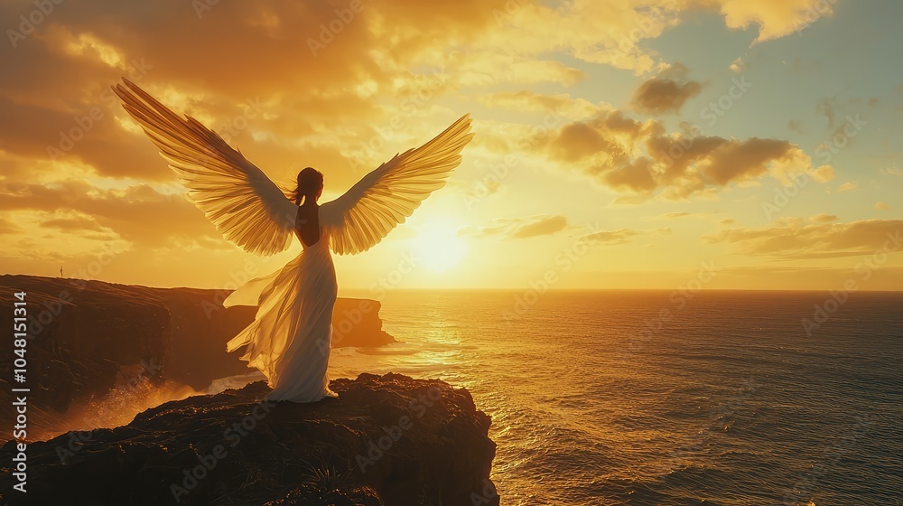 Naklejka premium Angelic Figure on Cliff at Sunset