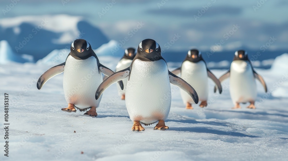 Obraz premium A group of penguins waddling across the ice, with the vast Antarctic landscape stretching endlessly behind them.