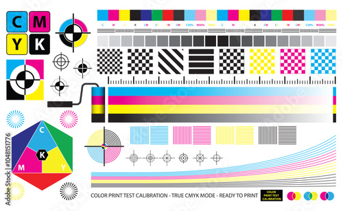 Set illustration of CMYK Print Test Calibration Chart for CTP Printing.