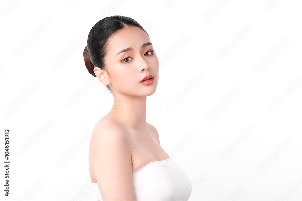 Beautiful young asian woman with clean fresh skin on white background, Face care, Facial treatment, Cosmetology, beauty and spa, Asian women portrait.