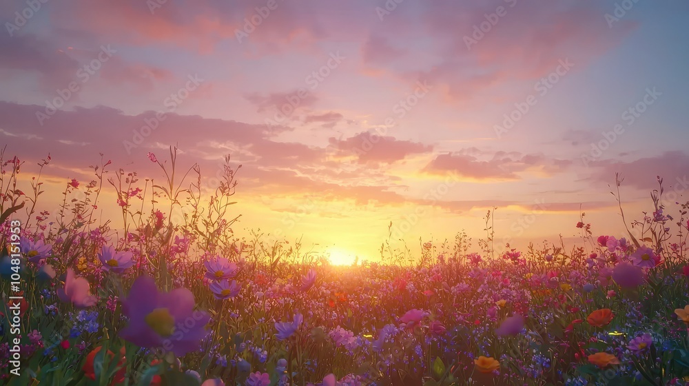Sunset Over a Vibrant Field of Wildflowers