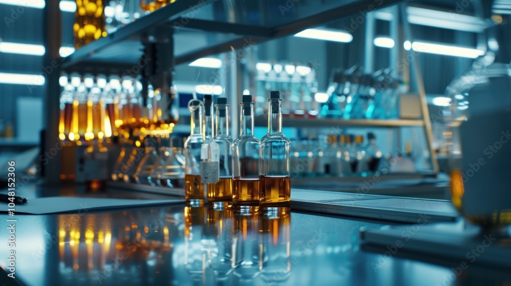 Glass Bottles with Yellow Liquid in a Modern Laboratory Setting Glass Bottles with Yellow Liquid in a Modern Laboratory Setting