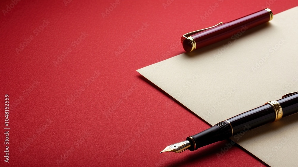 Letter Paper and Pen - a classic and elegant visual. The red background enhances the nostalgic and sophisticated appeal of the letter writing setup. Letter Paper and Pen - a classic and elegant visual. The red background enhances the nostalgic and sophisticated appeal of the letter writing setup.