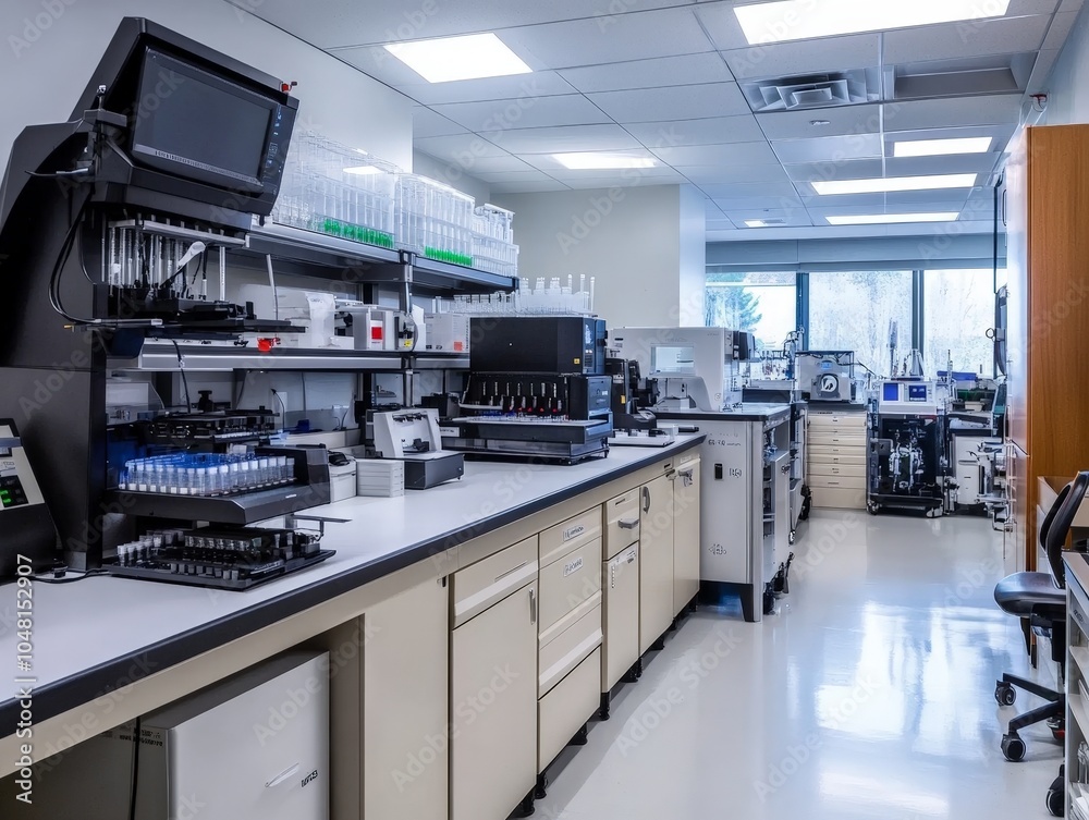 A high-tech biolab focused on studying synthetic biology, with advanced equipment for gene synthesis and molecular editing. A high-tech biolab focused on studying synthetic biology, with advanced equipment for gene synthesis and molecular editing.