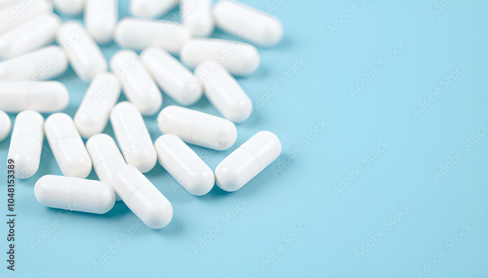 There are many white capsules in the image, which lie on a blue background. There are many white capsules in the image, which lie on a blue background.