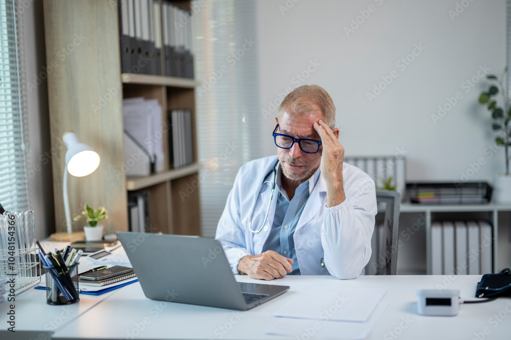 Senior doctor having headache while working on laptop at his office desk Senior doctor having headache while working on laptop at his office desk