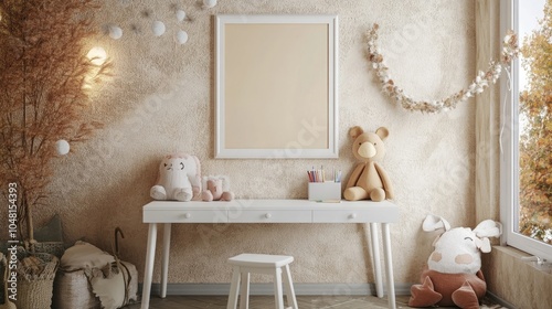 Cozy kidsa?? room interior featuring a mock-up poster frame, beige wall with stucco, white desk, stool, pillows, plush animal toys, a garland on the wall, and personal accessories photo