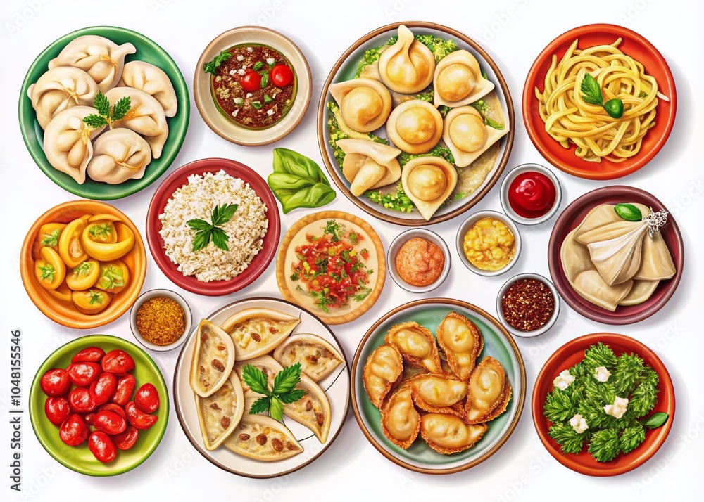 Aerial Photography of Hand-Drawn Dumplings: Ravioli, Pelmeni, Pierogi, Gyoza, Manti, Wonton for Menu and Food Packaging Aerial Photography of Hand-Drawn Dumplings: Ravioli, Pelmeni, Pierogi, Gyoza, Manti, Wonton for Menu and Food Packaging