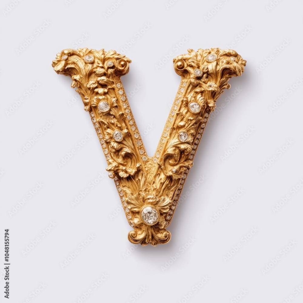 Fototapeta premium Ornate golden letter 'V' adorned with decorative elements and jewels.