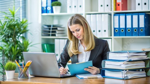 Young Businesswoman Working At Office With Stack Of Folders