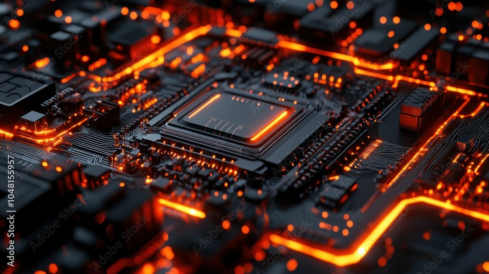 Close-up of a glowing orange circuit board with a processor in the center Close-up of a glowing orange circuit board with a processor in the center