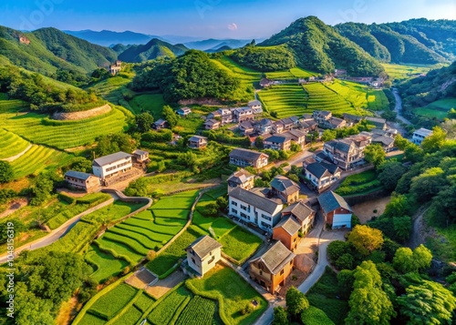 Aerial View of a Serene Green Village on Zhoushan Shengsi Island in 4K UHD Quality photo