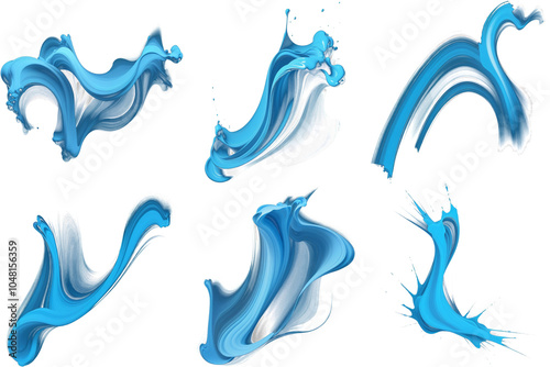 A series of 6 blue paint brush strokes isolated on a transparent background