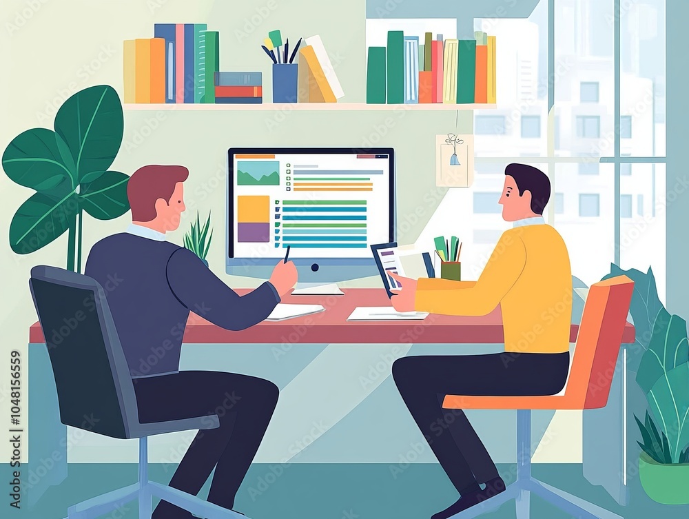 A manager conducting a performance review with an employee, discussing achievements, goals, and areas for improvement. A manager conducting a performance review with an employee, discussing achievements, goals, and areas for improvement.