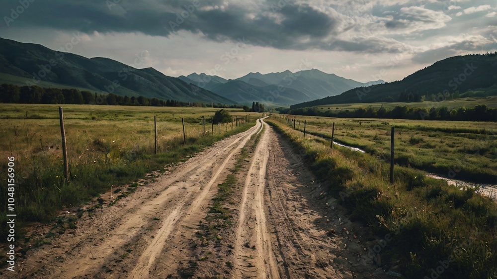 Fototapeta premium Sun-Dappled soil Road Winding Through greenish Summer Countryside V8