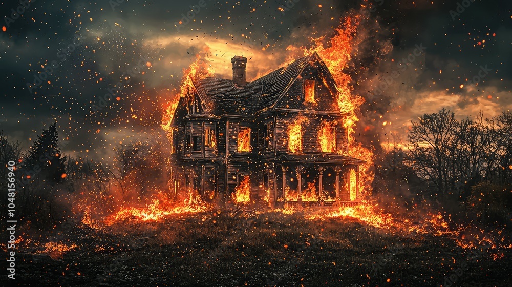 Dramatic Old House Engulfed in Flames at Dusk Dramatic Old House Engulfed in Flames at Dusk