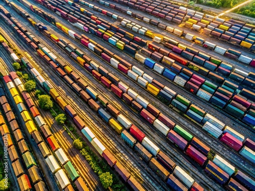 Aerial View of Colorful Freight Train Cars in an Industrial Railroad Yard for Stock Photography photo