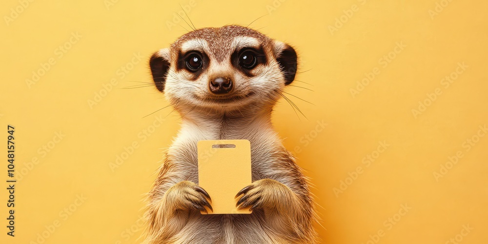 Fototapeta premium Curious Meerkat Holding Discount Tag on Pastel Yellow Background