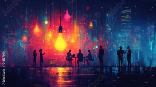 Modern Business Meeting in Futuristic Cityscape with Vibrant Lights and Silhouetted Professionals