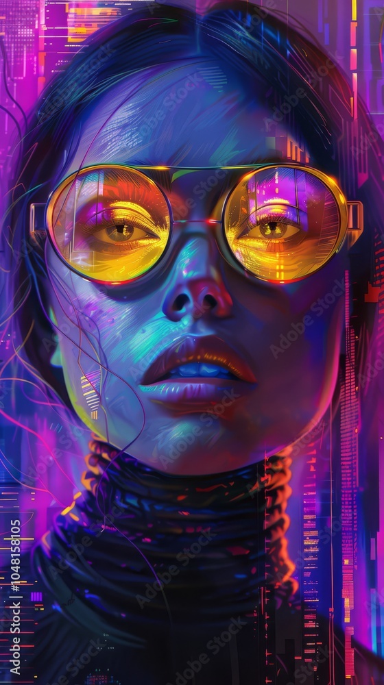 Cyberpunk Fashion Icon: A mesmerizing digital painting of a woman with striking yellow sunglasses, bathed in vibrant neon lights, exudes futuristic style and enigmatic allure. Cyberpunk Fashion Icon: A mesmerizing digital painting of a woman with striking yellow sunglasses, bathed in vibrant neon lights, exudes futuristic style and enigmatic allure.