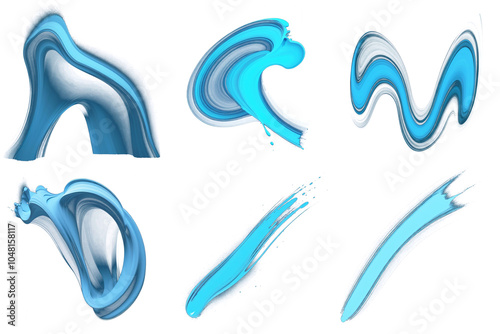 A series of 6 blue paint brush strokes isolated on a transparent background