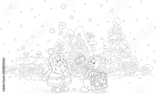 Funny toy snowman postman with letters from little children to Santa Claus, black and white outline vector cartoon illustration for a coloring book
