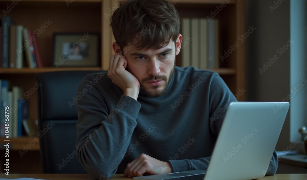 A pensive male sitting at a desk, deep in thought as he works on his laptop. His expression reflects concentration and contemplation over a problem he is trying to solve