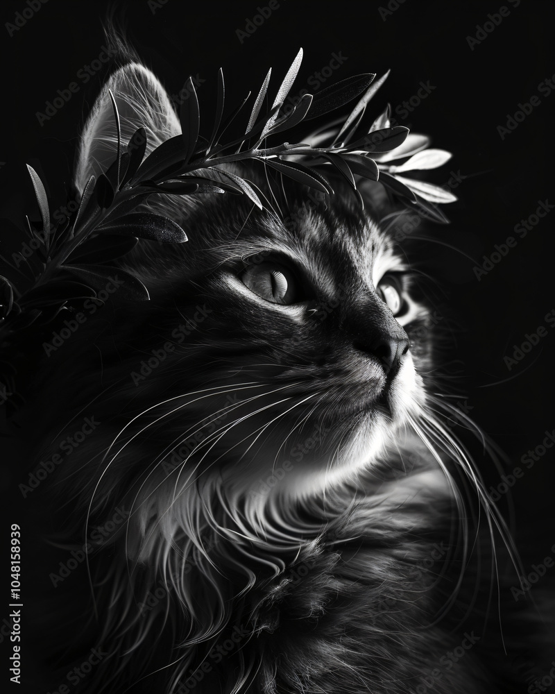 Black white art portrait cat laurel crown, dramatic lighting hyper-realistic style feline photography, artistic monochrome concept, cat lover gift, classic,fine,style,olive,king,fluffy,kittem,eyes Black white art portrait cat laurel crown, dramatic lighting hyper-realistic style feline photography, artistic monochrome concept, cat lover gift, classic,fine,style,olive,king,fluffy,kittem,eyes