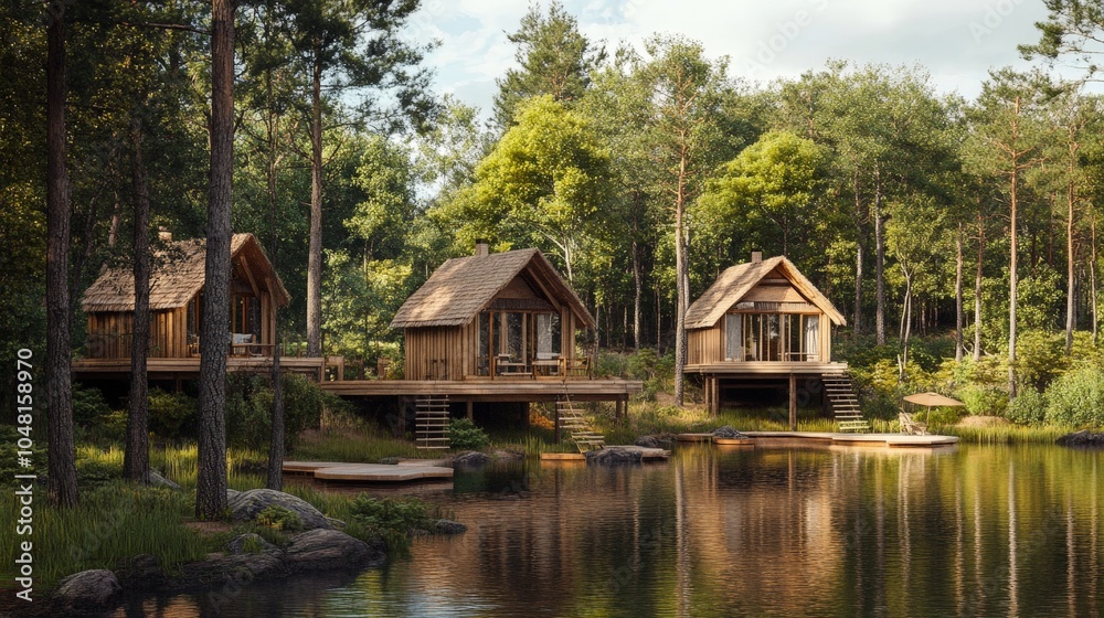 Fototapeta premium A nature retreat with wooden cabins, surrounded by trees and a lake, promoting disconnection from technology and reconnection with nature.
