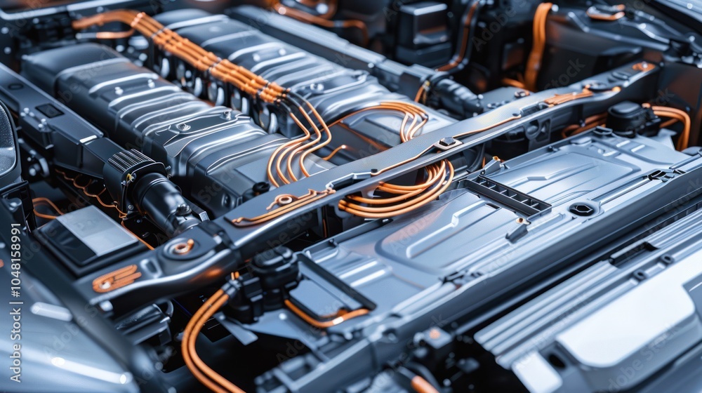 Close-up of an electric vehicle's engine bay with copper wiring Close-up of an electric vehicle's engine bay with copper wiring
