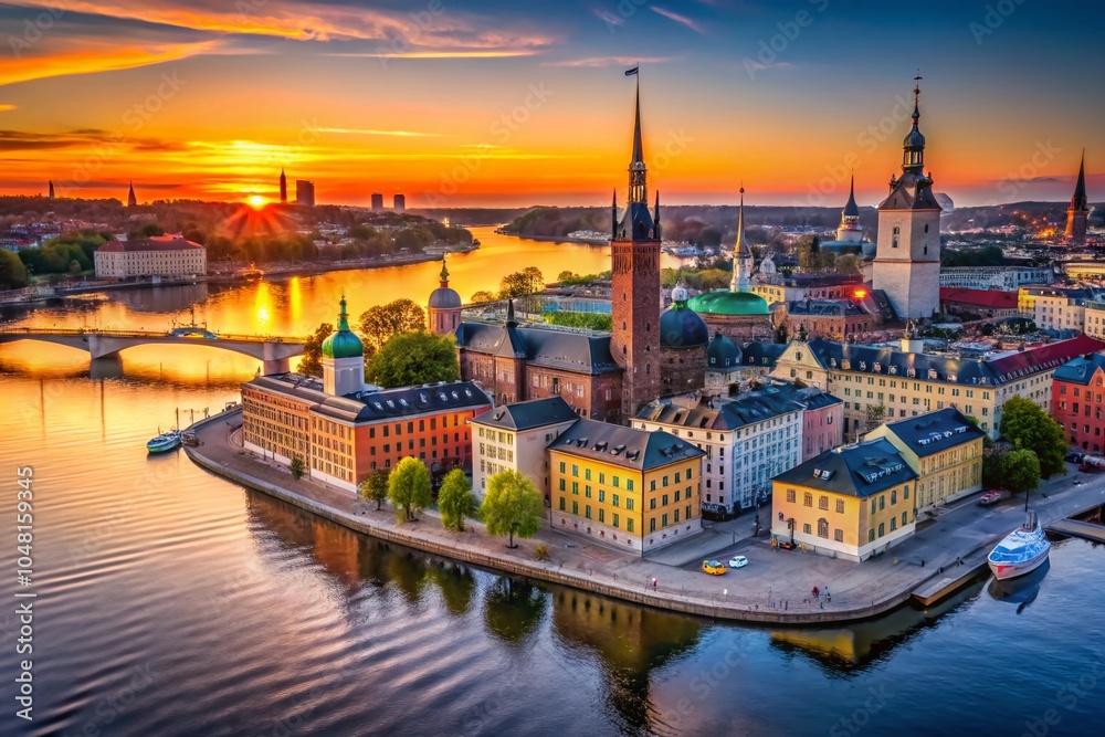 Fototapeta premium Aerial View of Stockholm's Old Town at Sunrise - Stunning Drone Shot of Riddarholmen Church Tower and Gamla