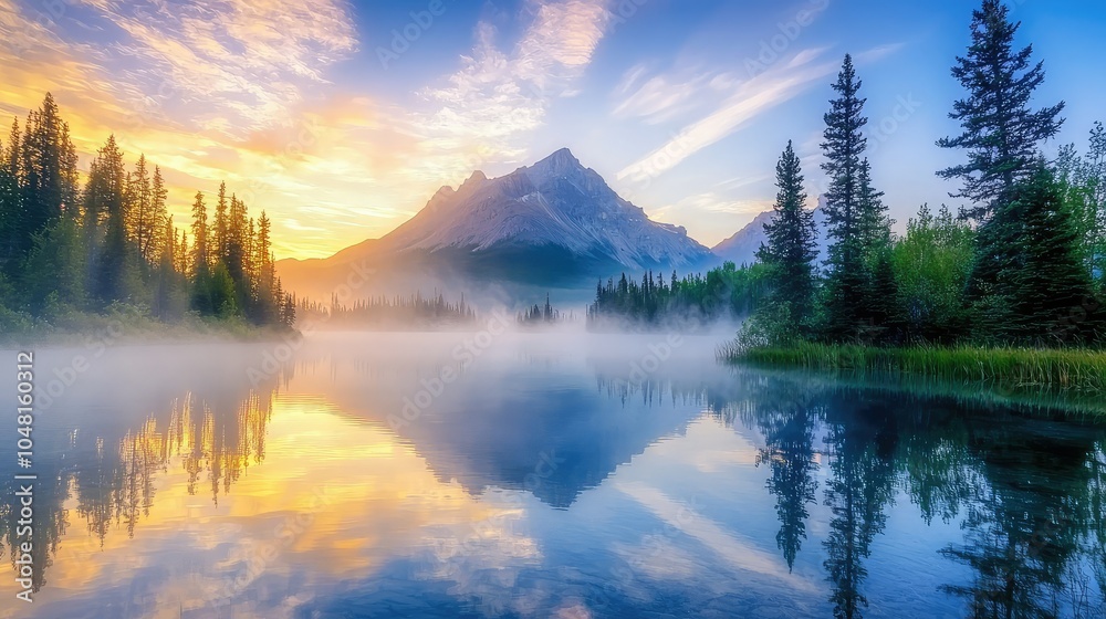 Misty Morning Lake Scene with Majestic Mountains Misty Morning Lake Scene with Majestic Mountains