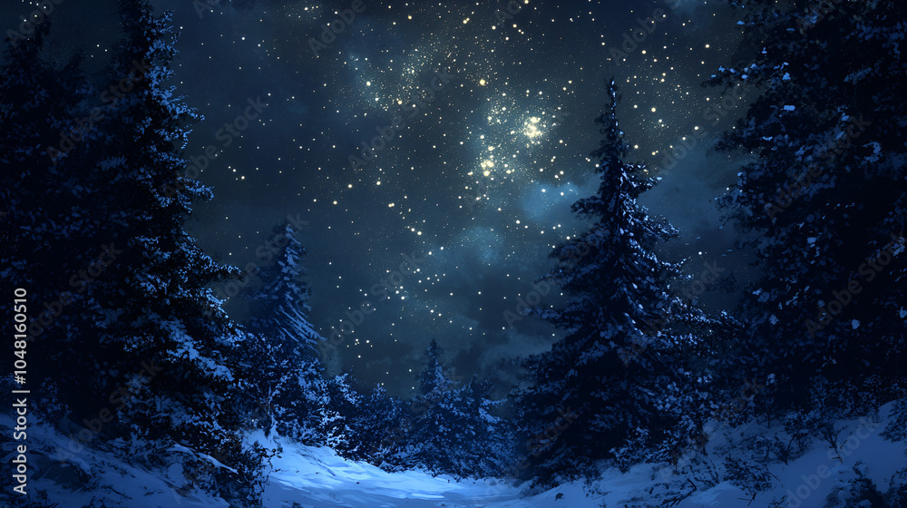 Fototapeta premium Snowy Forest Night with Sparkling Stars