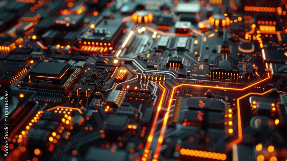 Close-up of a Circuit Board with Glowing Orange Traces Close-up of a Circuit Board with Glowing Orange Traces