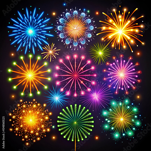 Set of colorful fireworks icons and symbols for various celebrations, perfect for event branding and festive poster designs