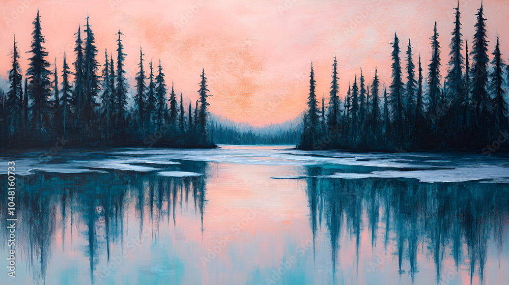 Tranquil Forest Lake Sunset Reflection Painting Tranquil Forest Lake Sunset Reflection Painting