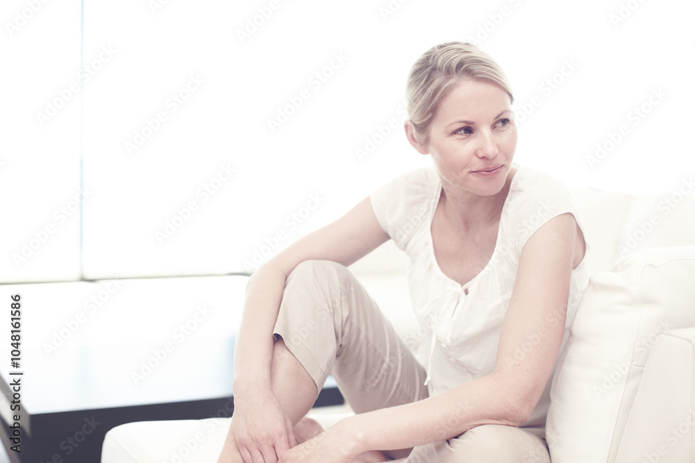 House, thinking and woman on sofa, smile and choice with weekend break, comfort and relax in living room. Person, apartment or lady on couch, smirk and happy with peace, morning or decision in lounge House, thinking and woman on sofa, smile and choice with weekend break, comfort and relax in living room. Person, apartment or lady on couch, smirk and happy with peace, morning or decision in lounge