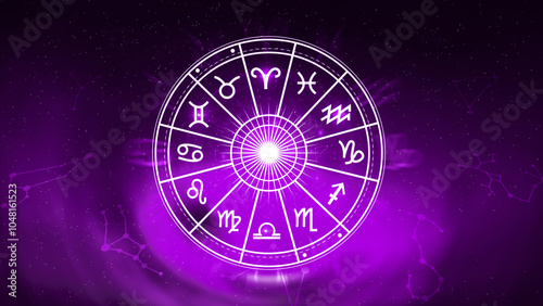 Concept of astrology and horoscope, person inside a zodiac sign wheel, Astrological zodiac signs inside of horoscope circle, Astrology, knowledge of stars in the sky, power of universe concept.