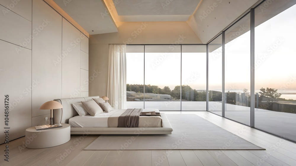 Fototapeta premium a minimalist modern bedroom with a low-profile bed, soft textures, and large floor-to-ceiling windows.