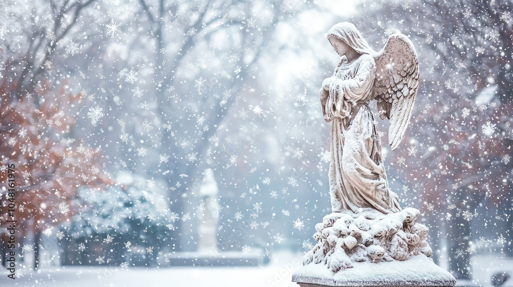 Fototapeta premium Serene Winter Scene with Angel Statue and Snowfall